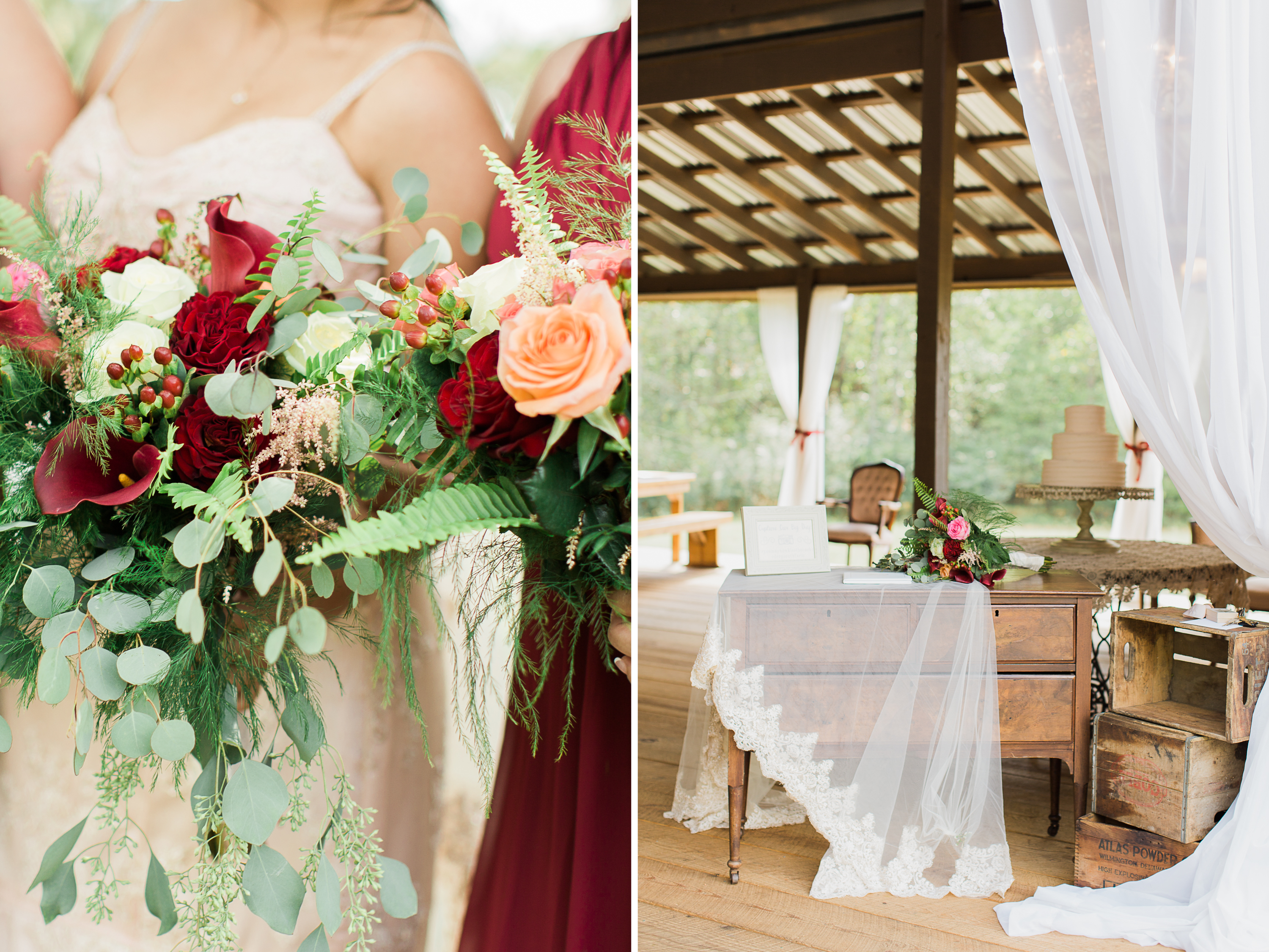 wedding bouquet and reception details at Deep South Farm