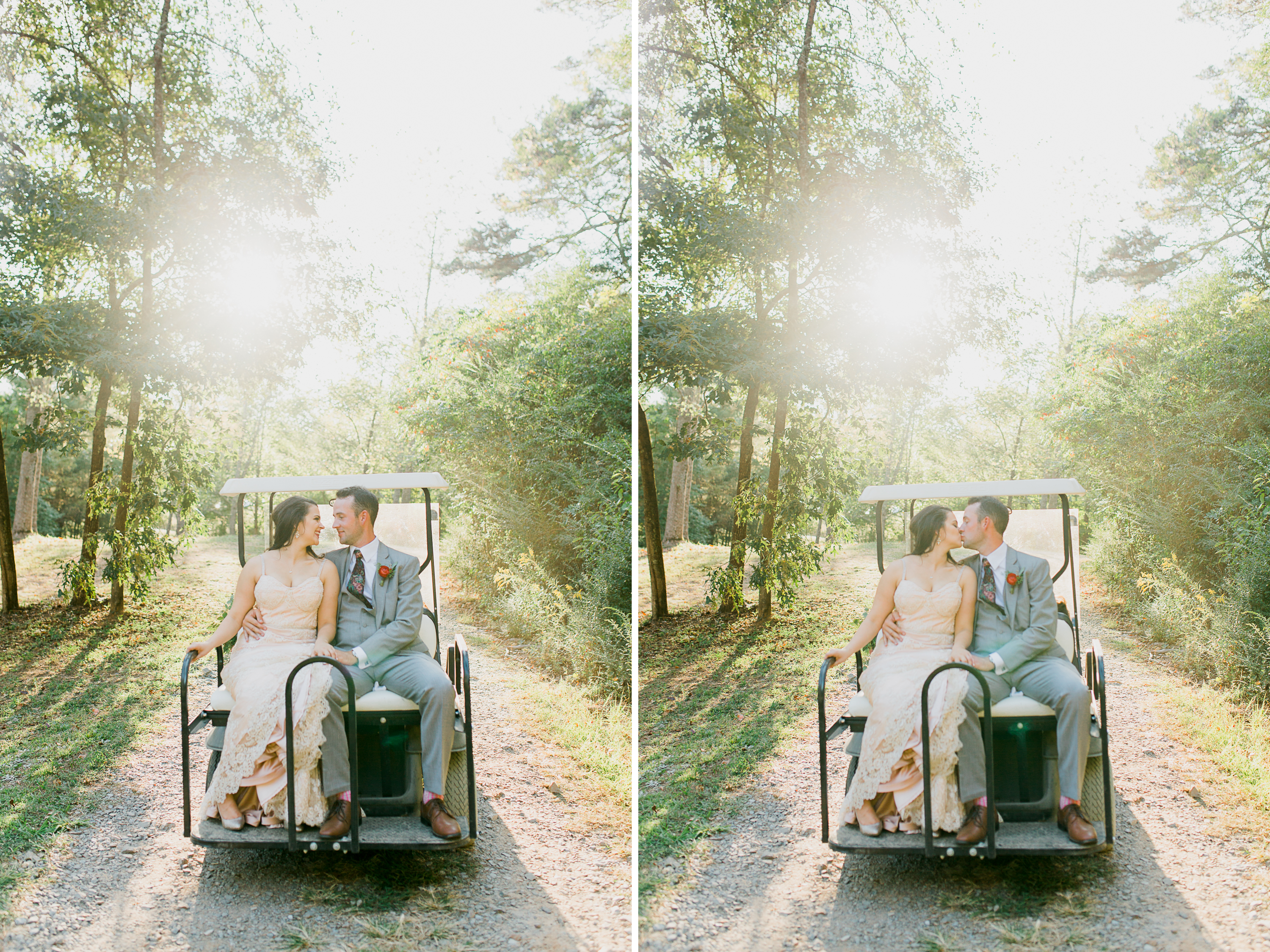 bride and groom on golf cart at Deep South Farm